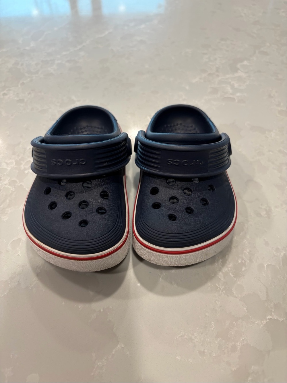 CROCS Kids Navy Clogs with Red and White Trim